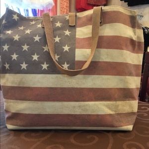 American flag tote with genuine leather detail